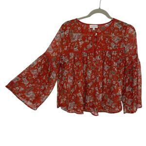 Lucky Brand Sheer Crepe Peasant Top size Small Red Floral Bell Sleeve Pullover